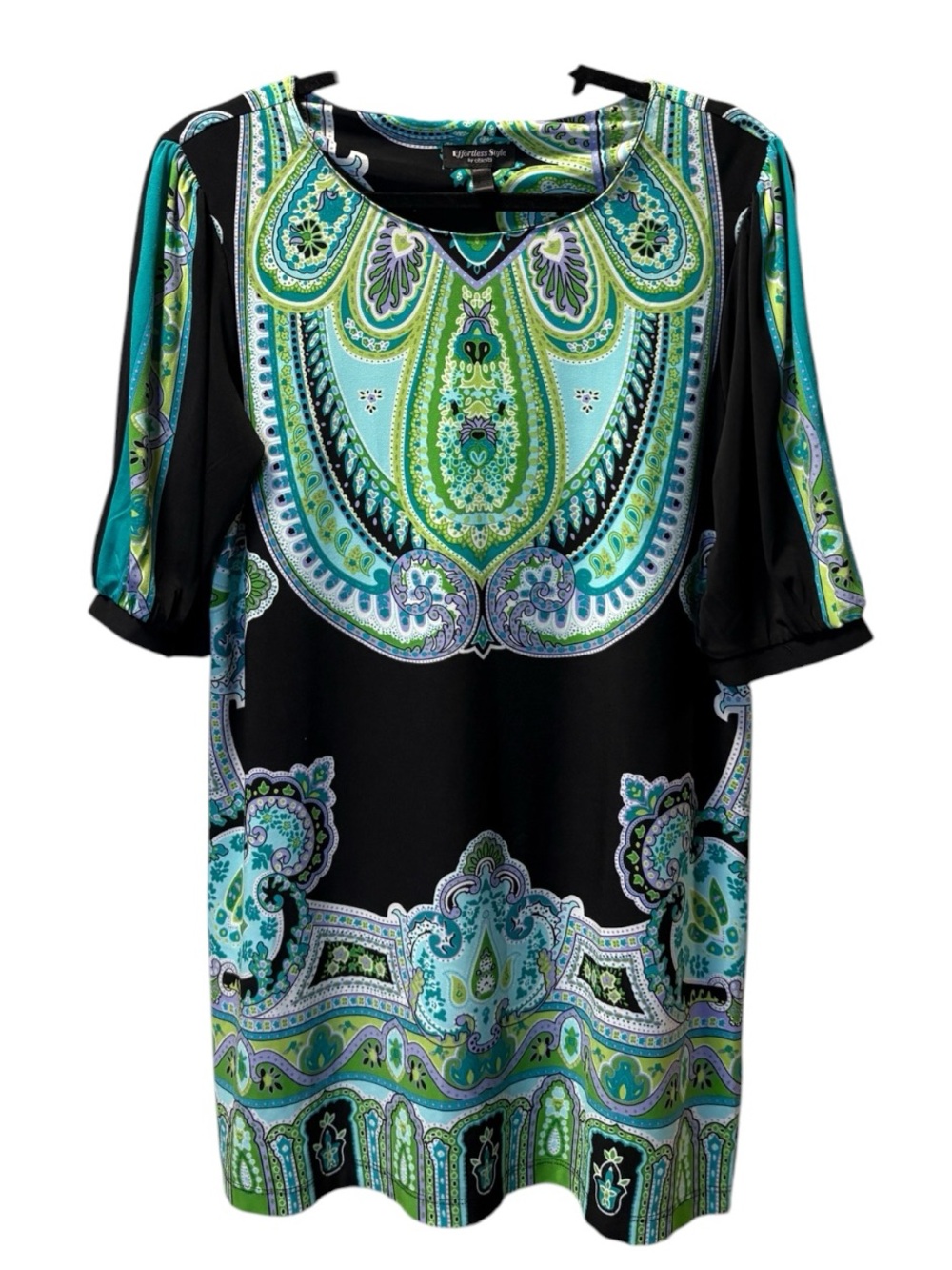 Effortless Style by Citiknits Black & Green Paisley Shift Top